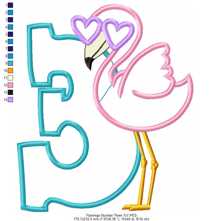 Flamingo with Sunglasses Number 3 Three 3rd Birthday - Applique - Machine Embroidery Design