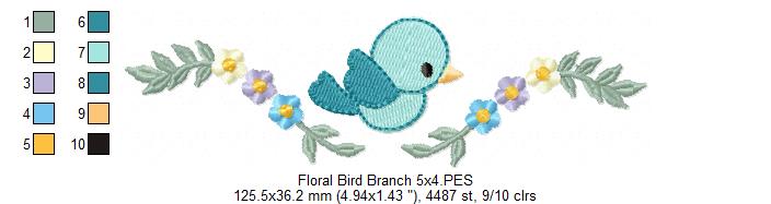Floral Bird Branch - Fill Stitch - Machine Embroidery Design