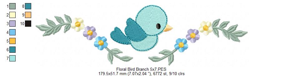 Floral Bird Branch - Fill Stitch - Machine Embroidery Design