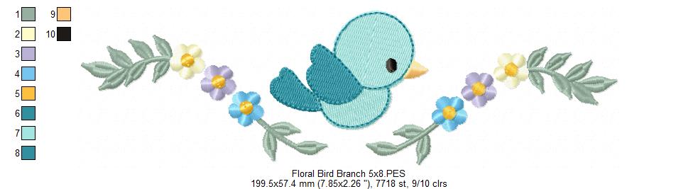 Floral Bird Branch - Fill Stitch - Machine Embroidery Design
