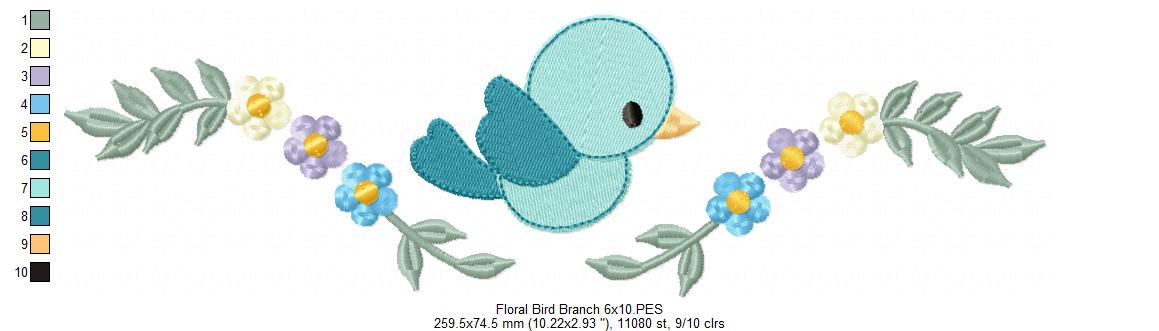 Floral Bird Branch - Fill Stitch - Machine Embroidery Design