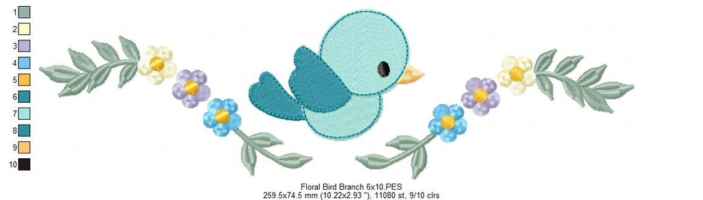 Floral Bird Branch - Fill Stitch - Machine Embroidery Design