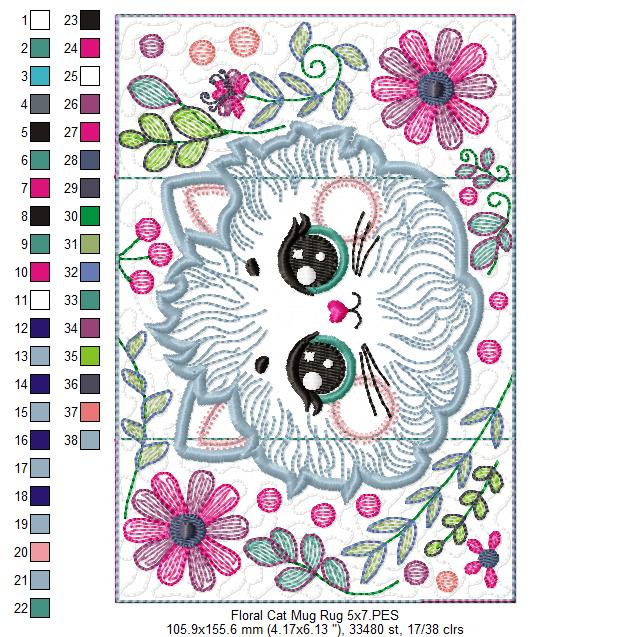 Floral Cat Mug Rug - ITH Project - Machine Embroidery Design