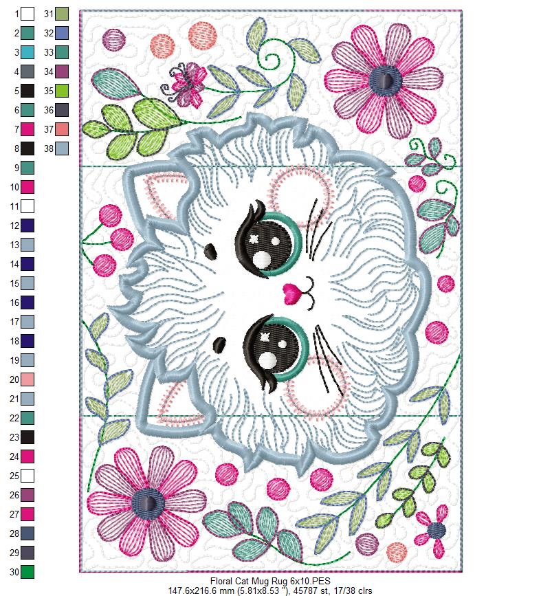 Floral Cat Mug Rug - ITH Project - Machine Embroidery Design