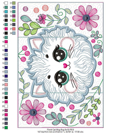Floral Cat Mug Rug - ITH Project - Machine Embroidery Design