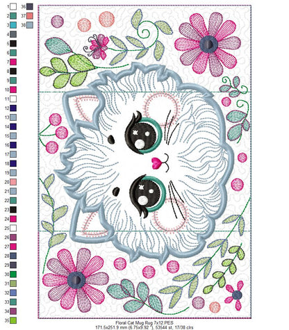 Floral Cat Mug Rug - ITH Project - Machine Embroidery Design