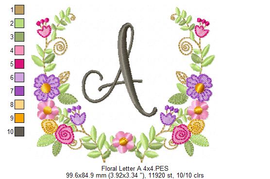 Monogram A-Z Floral Wreath Alphabet - Fill Stitch - Machine Embroidery Design