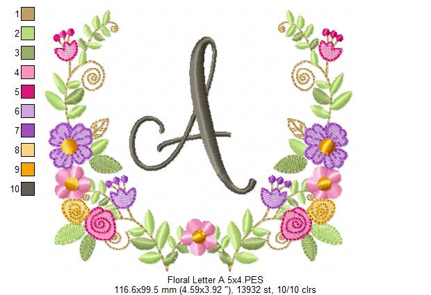 Monogram A-Z Floral Wreath Alphabet - Fill Stitch - Machine Embroidery Design