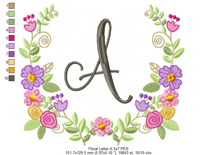 Monogram A-Z Floral Wreath Alphabet - Fill Stitch - Machine Embroidery Design