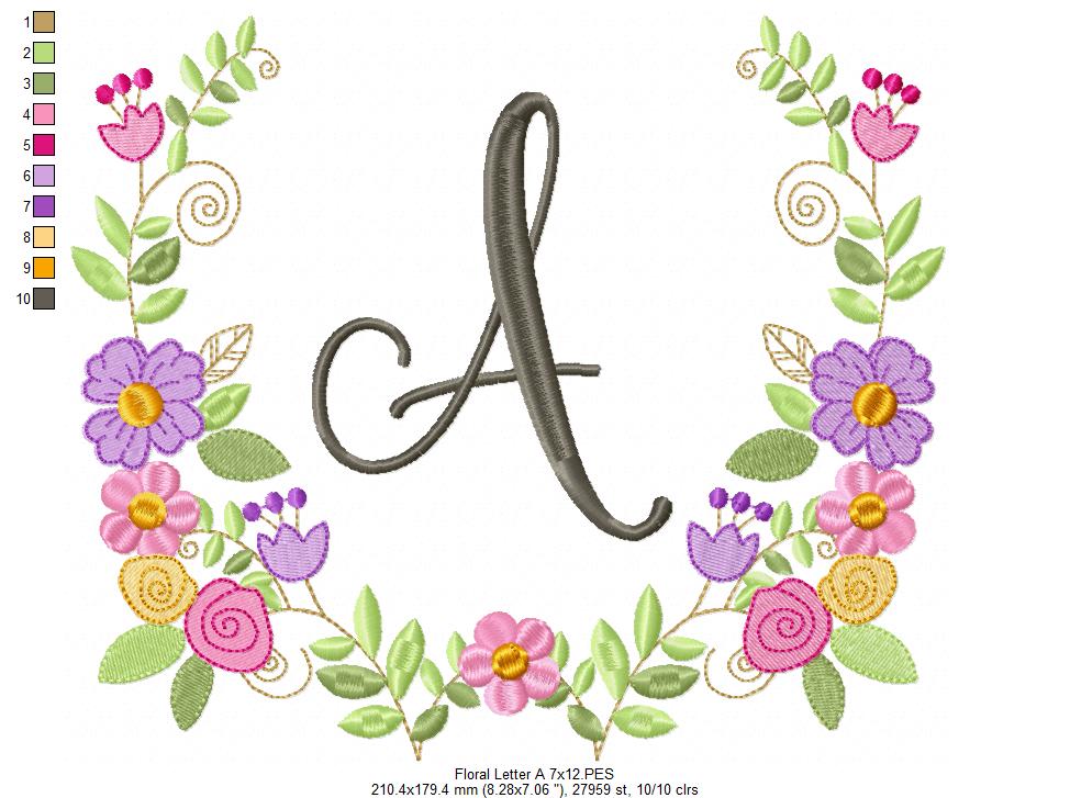 Monogram A-Z Floral Wreath Alphabet - Fill Stitch - Machine Embroidery Design