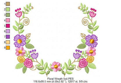 Delicate Floral Wreath - Fill Stitch - Machine Embroidery Design