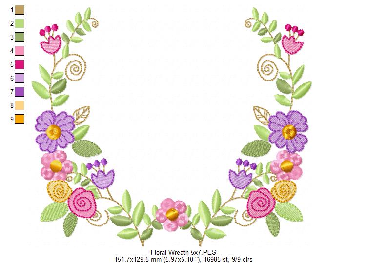 Delicate Floral Wreath - Fill Stitch - Machine Embroidery Design