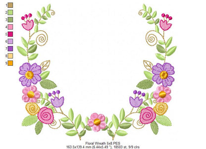 Delicate Floral Wreath - Fill Stitch - Machine Embroidery Design