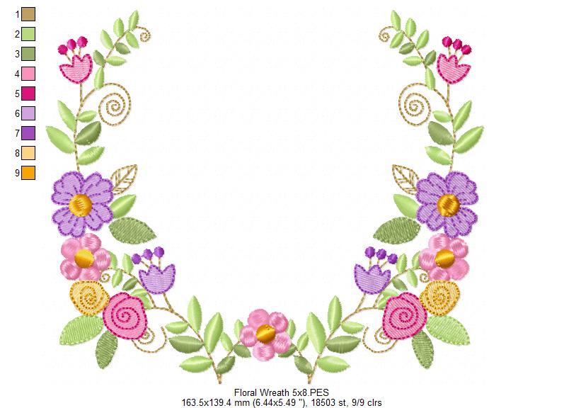 Delicate Floral Wreath - Fill Stitch - Machine Embroidery Design