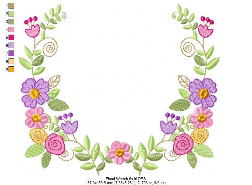 Delicate Floral Wreath - Fill Stitch - Machine Embroidery Design