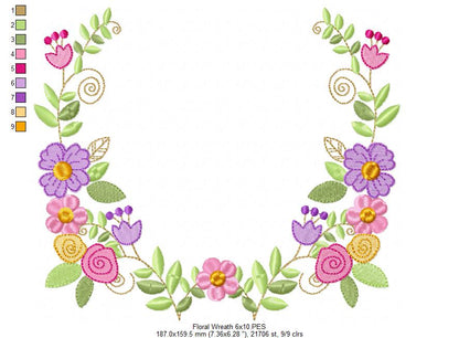 Delicate Floral Wreath - Fill Stitch - Machine Embroidery Design