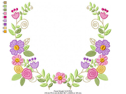 Delicate Floral Wreath - Fill Stitch - Machine Embroidery Design