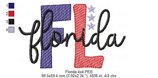 Florida FL Stars - Rippled Stitch - Machine Embroidery Design