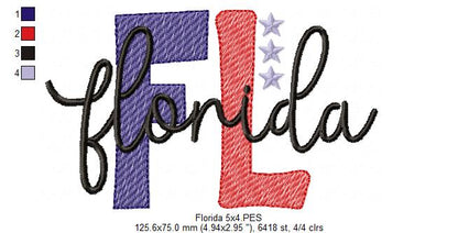Florida FL Stars - Rippled Stitch - Machine Embroidery Design