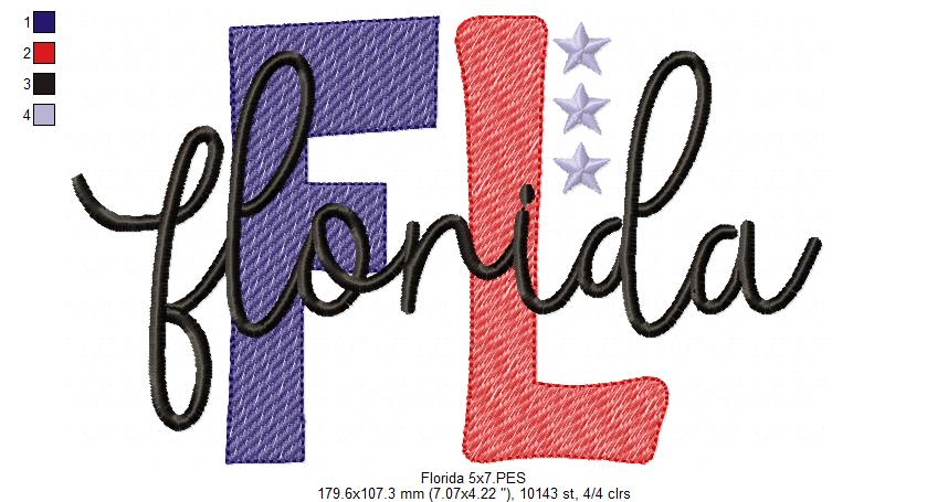 Florida FL Stars - Rippled Stitch - Machine Embroidery Design