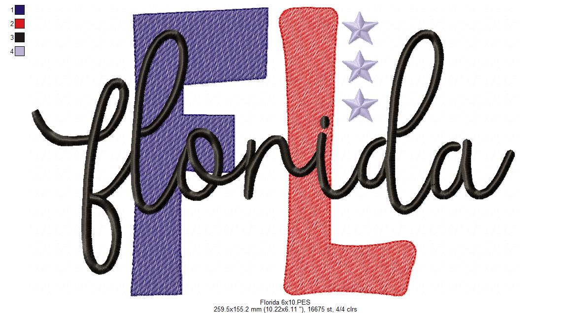 Florida FL Stars - Rippled Stitch - Machine Embroidery Design