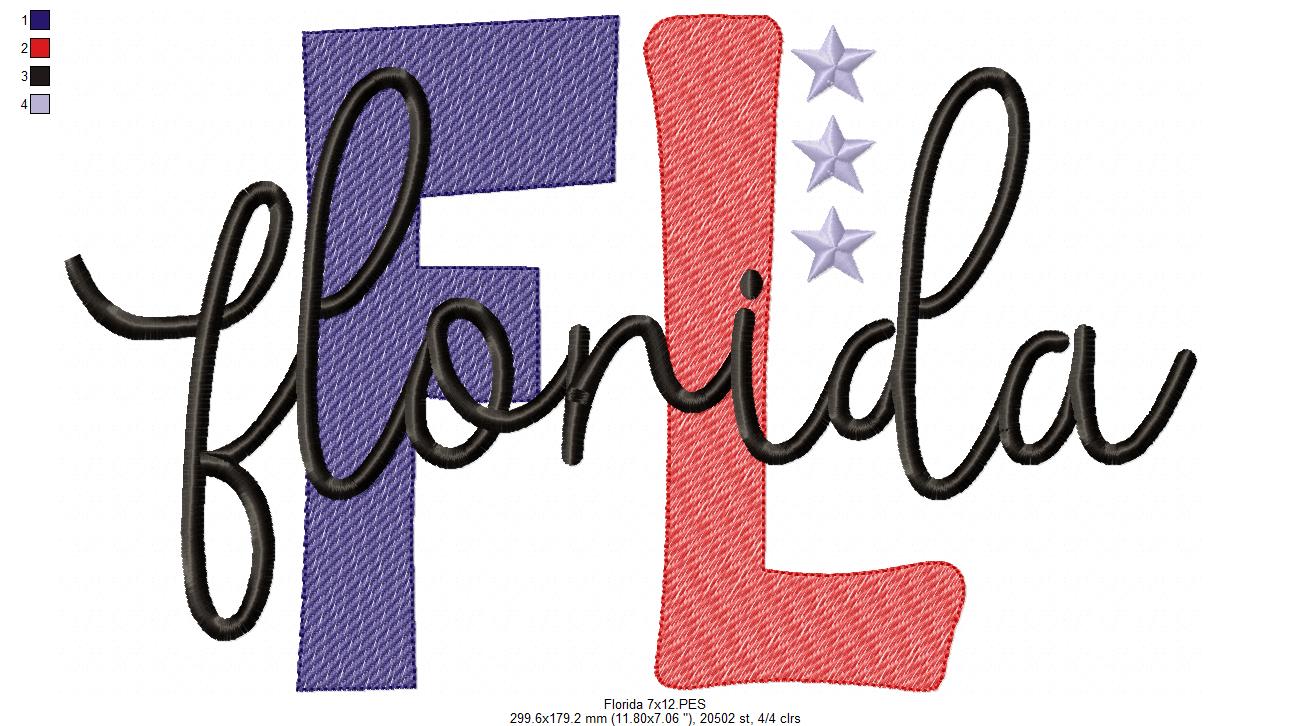 Florida FL Stars - Rippled Stitch - Machine Embroidery Design