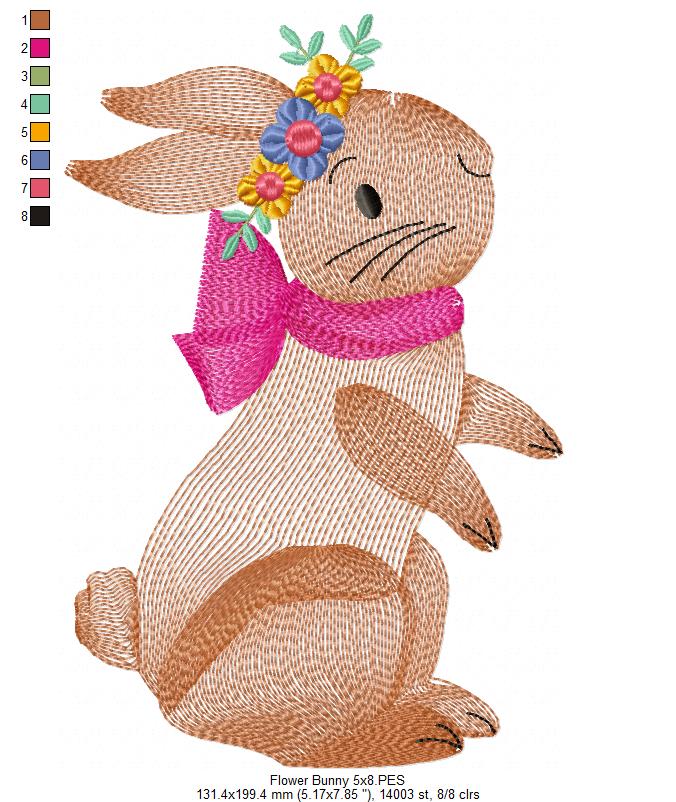 Flower Bunny - Rippled Stitch - Machine Embroidery Design