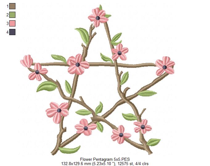 Flowers Pentragram - Fill Stitch - Machine Embroidery Design