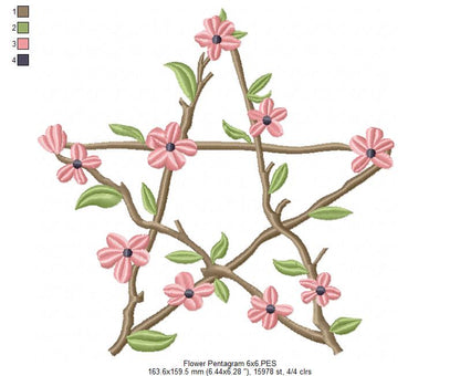 Flowers Pentragram - Fill Stitch - Machine Embroidery Design