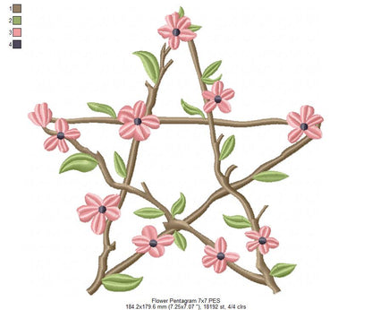 Flowers Pentragram - Fill Stitch - Machine Embroidery Design