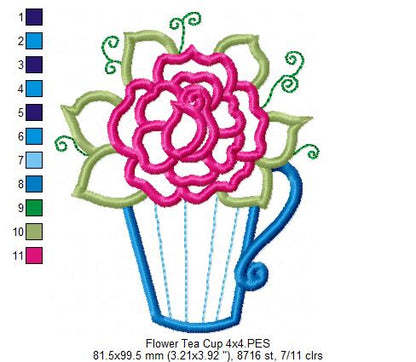 Rose Teacup - Applique - Machine Embroidery Design