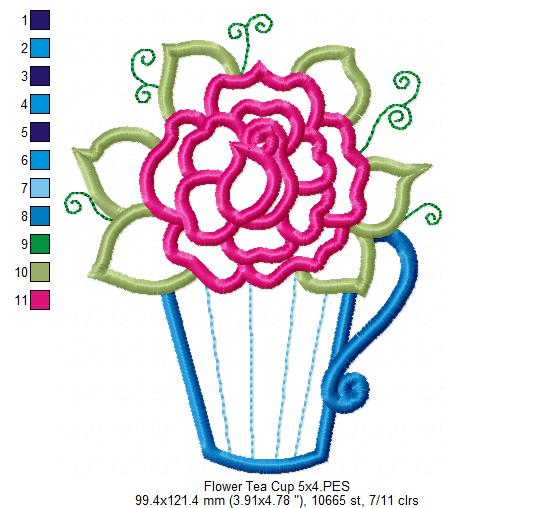 Rose Teacup - Applique - Machine Embroidery Design