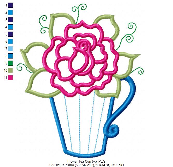 Rose Teacup - Applique - Machine Embroidery Design
