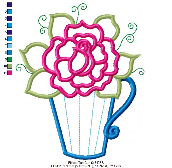 Rose Teacup - Applique - Machine Embroidery Design