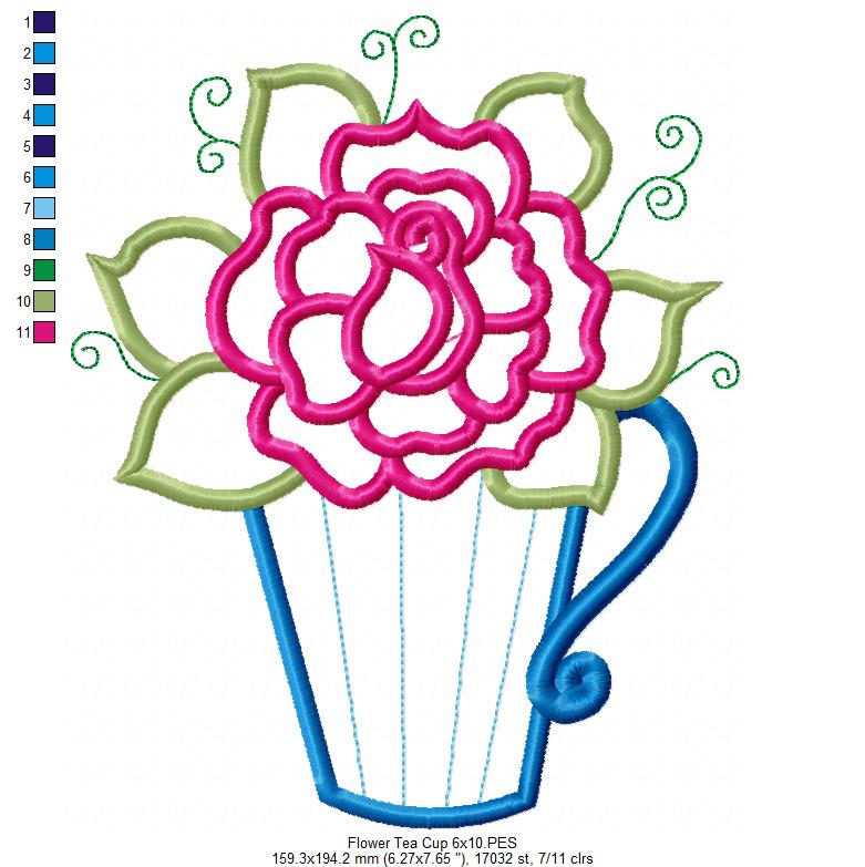 Rose Teacup - Applique - Machine Embroidery Design