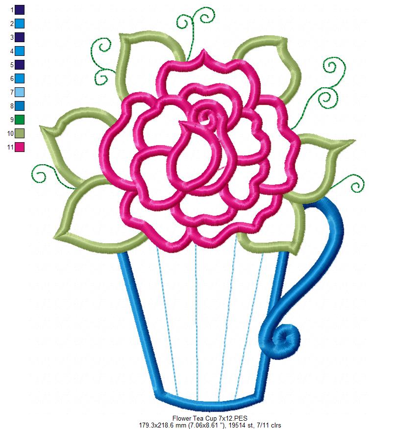 Rose Teacup - Applique - Machine Embroidery Design
