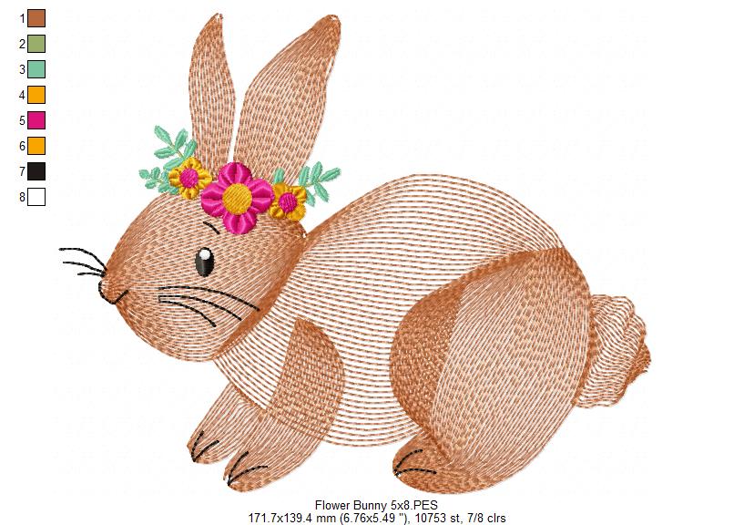 💐 Sweet Rippled Bunny & Blooms 🌼 – Rippled Stitch - Machine Embroidery Design
