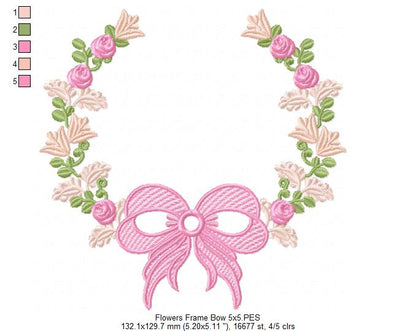 Delicate Floral Frame with Bow - Fill Stitch - Machine Embroidery Design