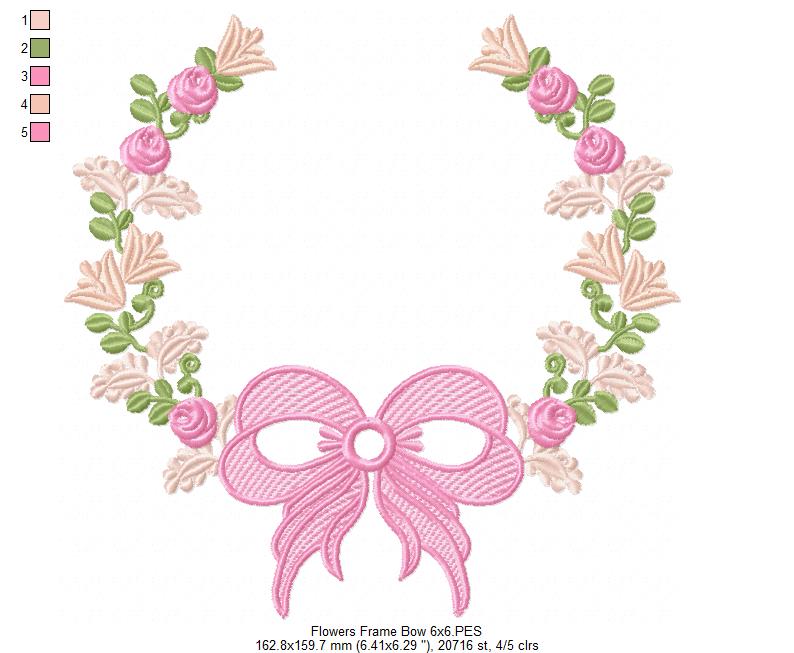 Delicate Floral Frame with Bow - Fill Stitch - Machine Embroidery Design