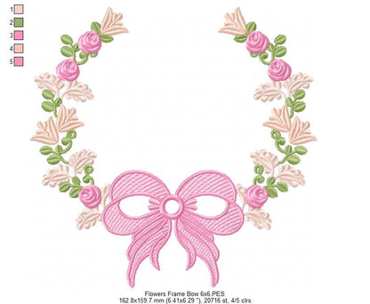 Delicate Floral Frame with Bow - Fill Stitch - Machine Embroidery Design