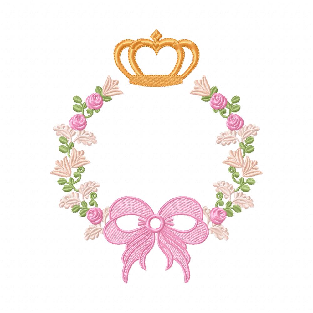 Delicate Floral Frame with Bow and Crown - Fill Stitch