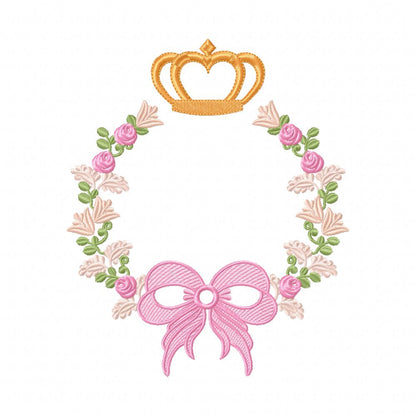 Delicate Floral Frame with Bow and Crown - Fill Stitch