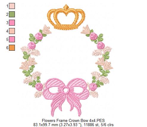 Delicate Floral Frame with Bow and Crown - Fill Stitch