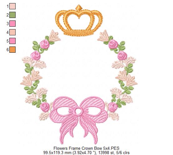 Delicate Floral Frame with Bow and Crown - Fill Stitch