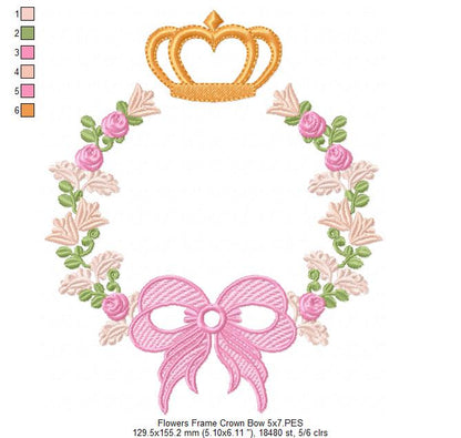 Delicate Floral Frame with Bow and Crown - Fill Stitch