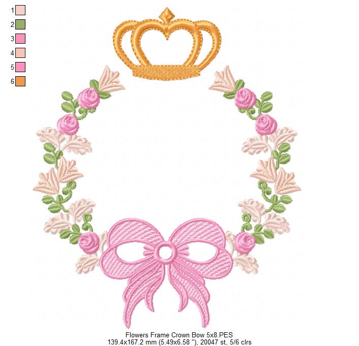 Delicate Floral Frame with Bow and Crown - Fill Stitch
