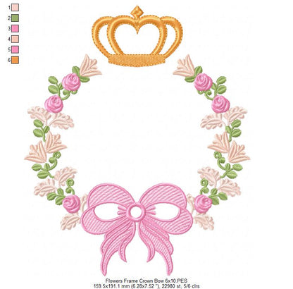 Delicate Floral Frame with Bow and Crown - Fill Stitch