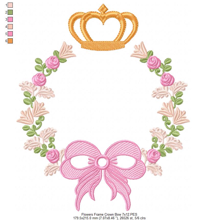 Delicate Floral Frame with Bow and Crown - Fill Stitch