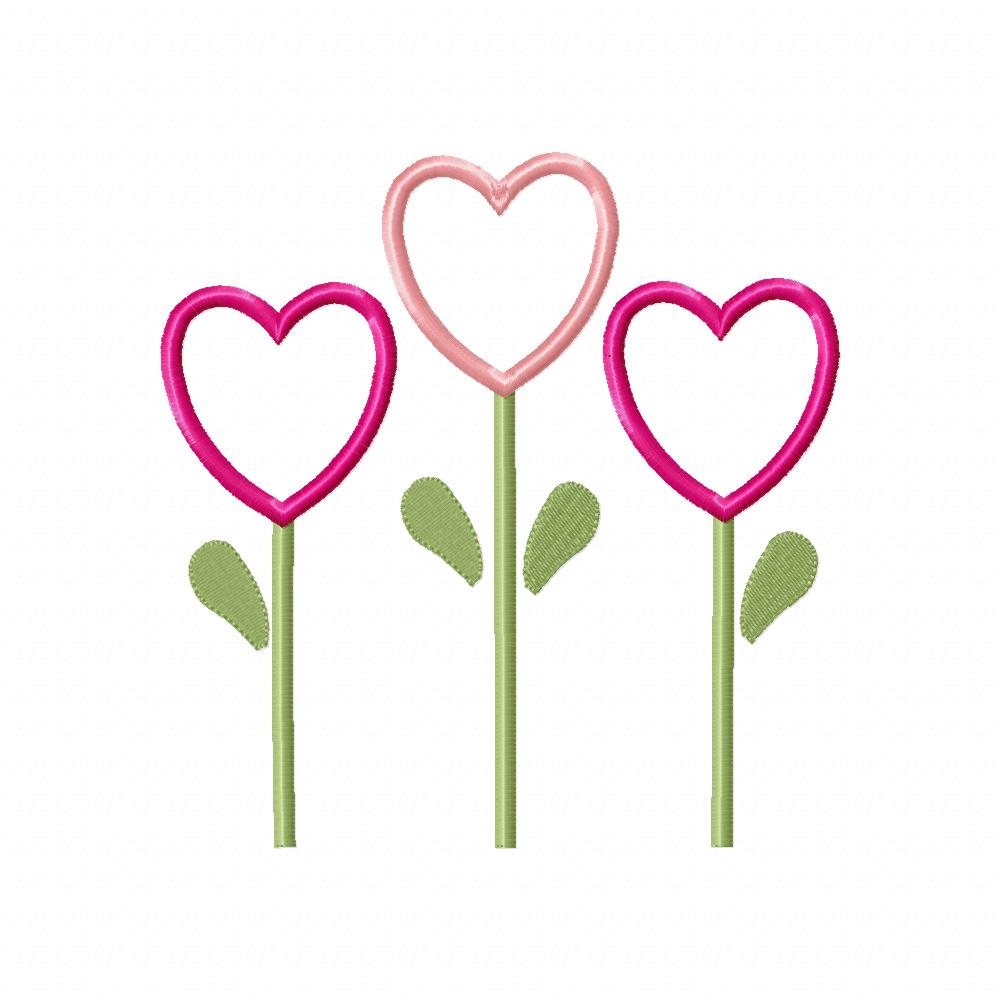 Three Flowers Hearts - Applique - Machine Embroidery Design