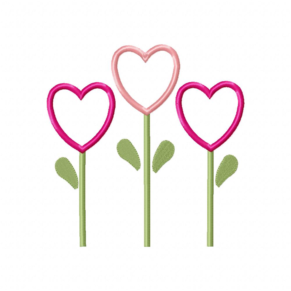 Three Flowers Hearts - Applique - Machine Embroidery Design